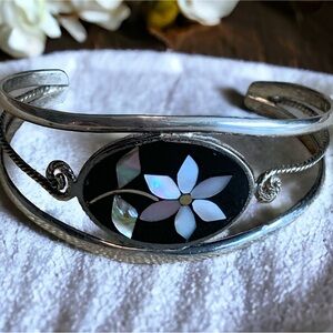 Alpaca cuff bracelet. Sterling with mother of pearl inlay.